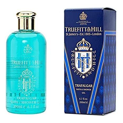 Truefitt & Hill Trafalgar Bath & Shower Gel in 6.7 oz bottle, with sleek packaging and label featuring classic design.