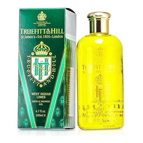Truefitt & Hill West Indian Limes bath and shower gel in clear bottle, featuring lime imagery and label details.