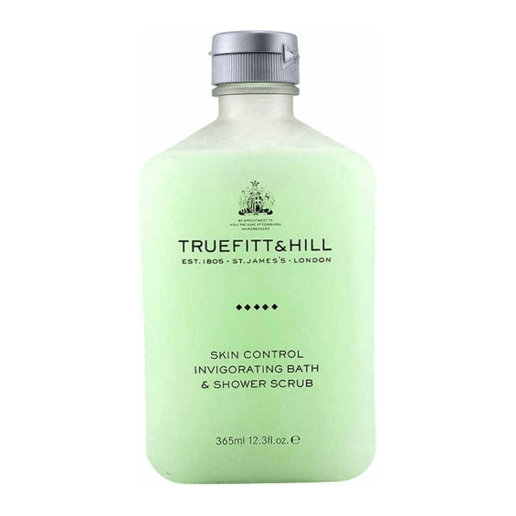 Truefitt & Hill Invigorating Bath & Shower Scrub 12.3 oz in a clear bottle with a label, ready for use in the shower.