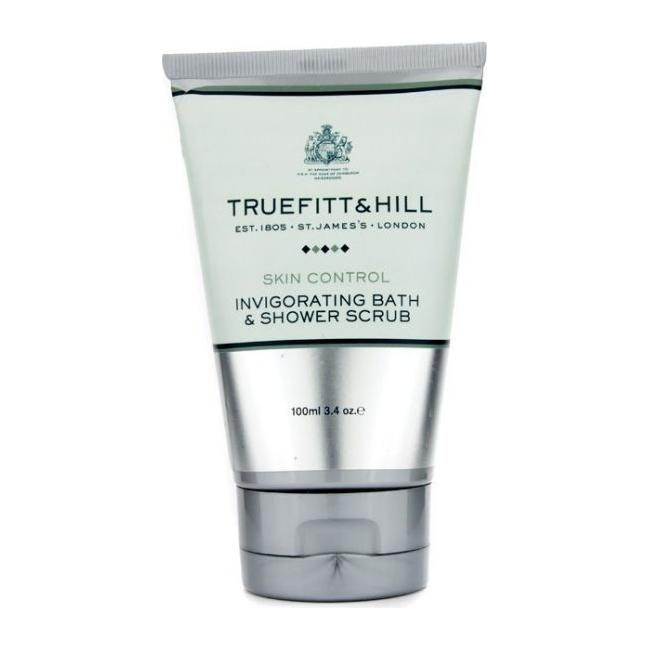 Truefitt & Hill Skin Control Invigorating Bath & Shower Scrub in 3.4 oz container, with textured scrub particles visible.
