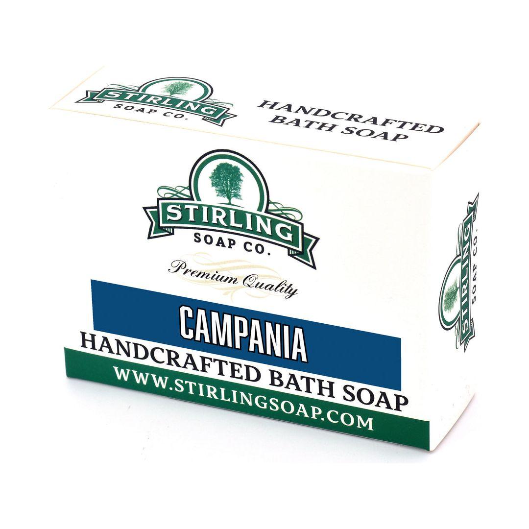 Pasteur Pharmacy Stirling Soap Co. Campania Bath Soap in a 5.5 oz bar, featuring natural ingredients and a soothing scent.
