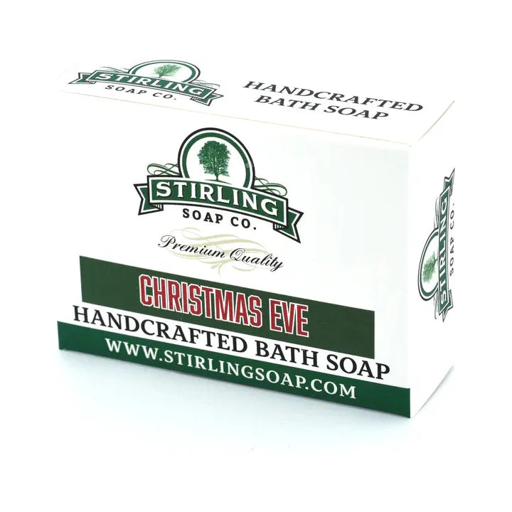 Pasteur Pharmacy Stirling Soap Co. Christmas Eve Bath Soap 5.5 oz with festive packaging and soap bar visible.
