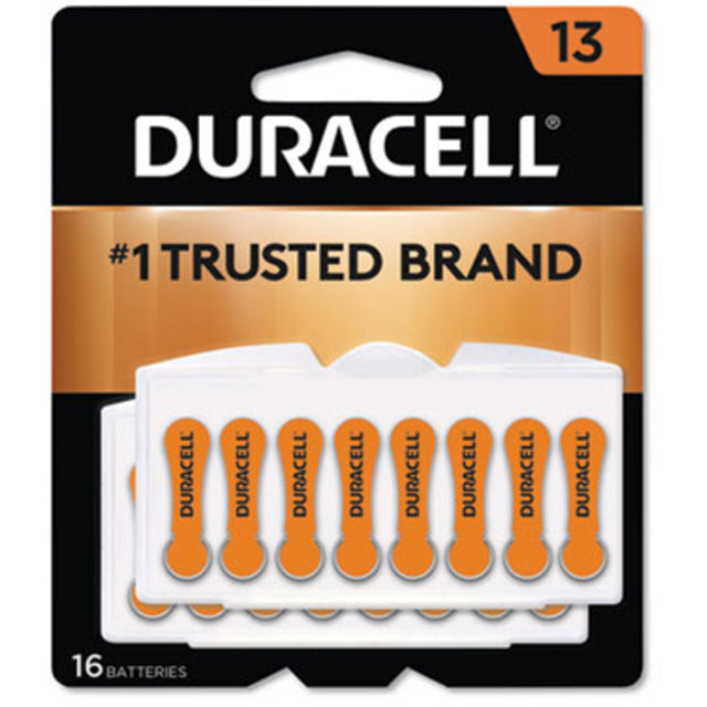 Duracell Size 13 hearing aid batteries in a 16-pack with easy-fit tab from Pasteur Pharmacy, displayed in a blister pack.