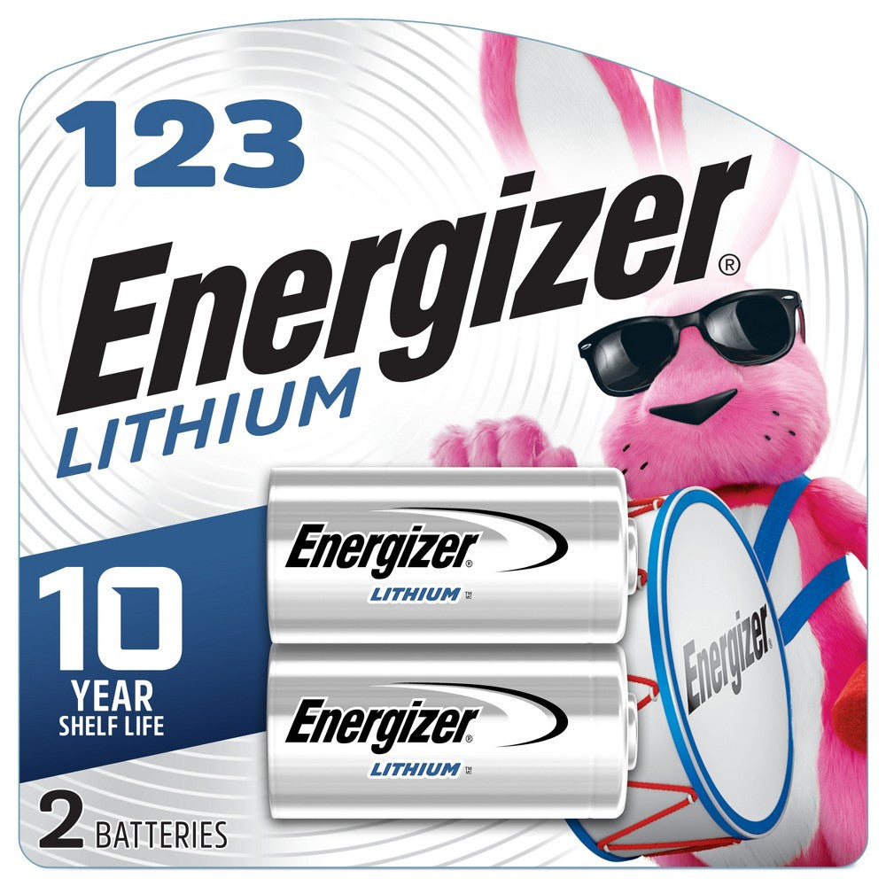 Energizer 2-pack 123 lithium photo batteries, small cylindrical batteries suitable for cameras and photo devices.