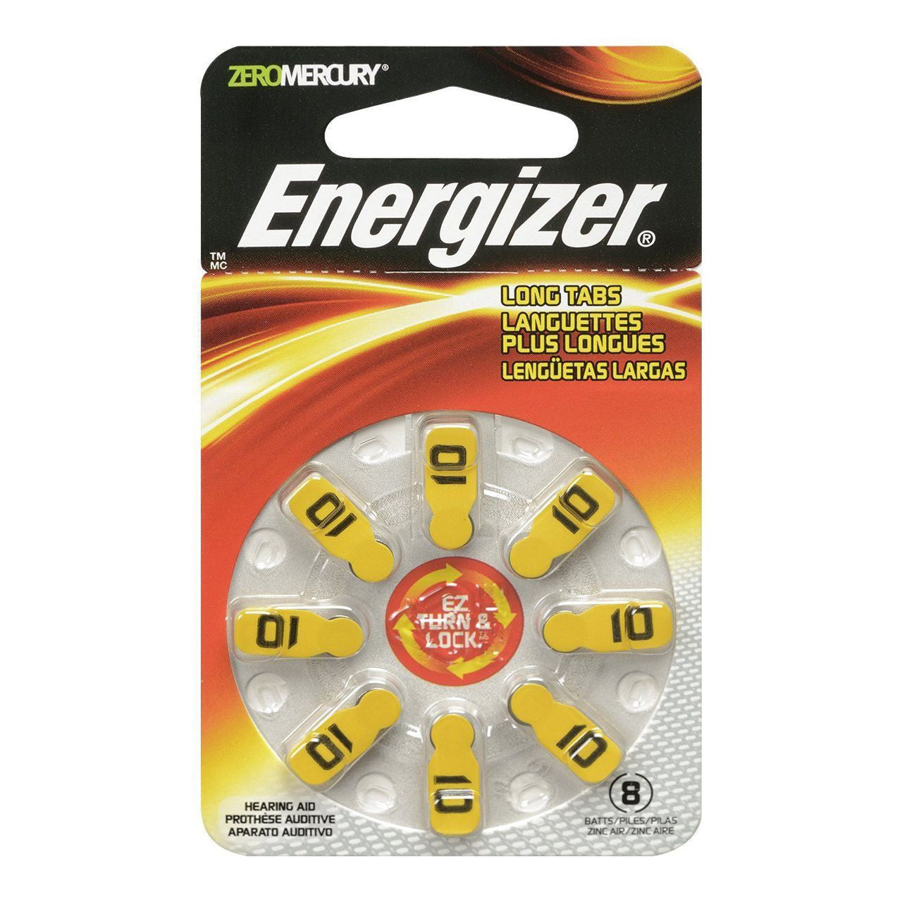 Energizer Zinc Air Size 10 hearing aid batteries with yellow packaging, designed for hearing aid devices.
