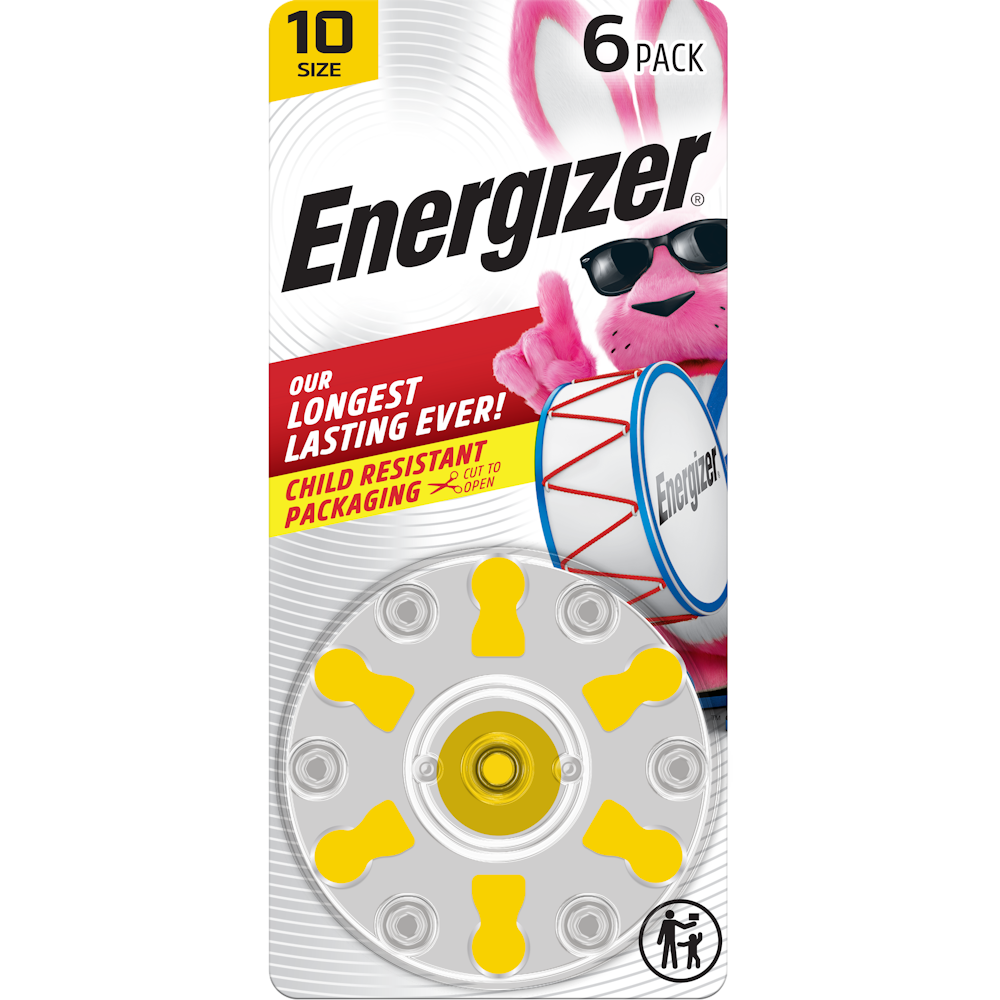 Energizer hearing aid batteries, size 10 with yellow tab, in a 6-pack, designed for reliable audio support and long-lasting power.