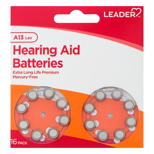 Leader Hearing Aid Batteries A13, 1.4V, 16-pack from Pasteur Pharmacy, showing the batteries in their packaging.
