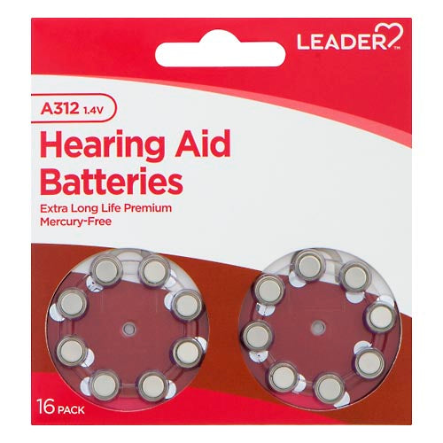 Leader Hearing Aid Batteries A312, 1.4V, 16-pack by Pasteur Pharmacy, showing individual batteries in blister pack.