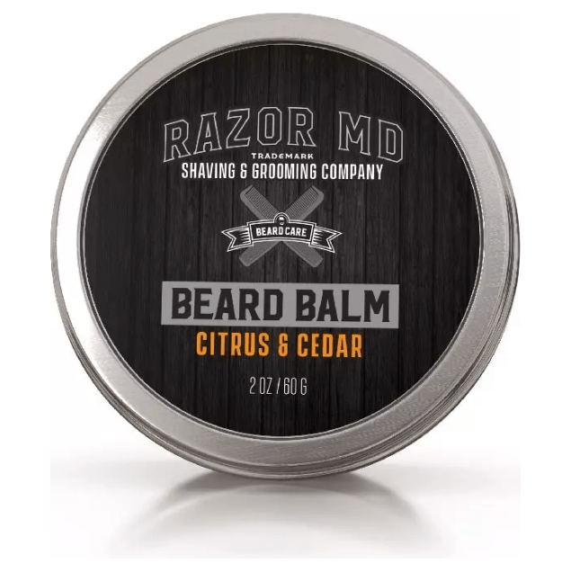 Razor MD Rx Citrus & Cedar Beard Balm by Pasteur Pharmacy, 2 oz jar with citrus and cedar scent, designed for beard grooming.