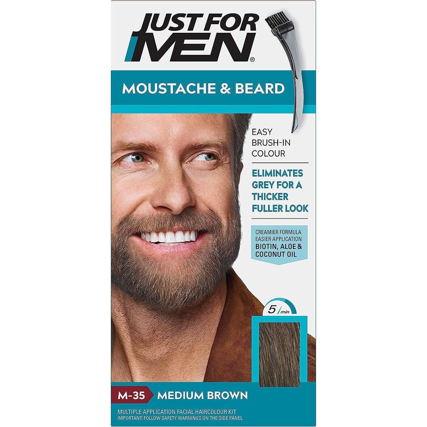 Just For Men beard color gel in medium brown, Pasteur Pharmacy brand, showing the brush-in applicator and 0.5 oz tube for mustache and beard.