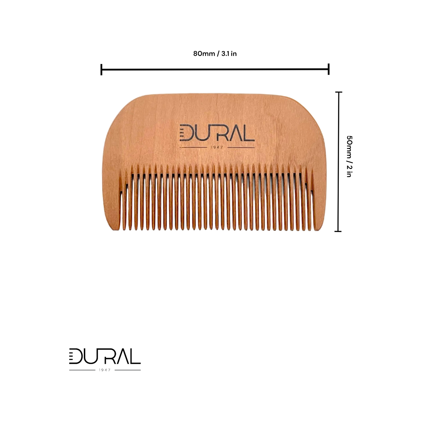 Handmade Dural Pear Wood beard comb by Pasteur Pharmacy, featuring fine teeth for grooming facial hair.