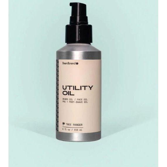Beardbrand Tree Ranger Utility Oil 4 oz in a clear bottle, natural beard oil with a woodsy scent, ideal for grooming and beard care.