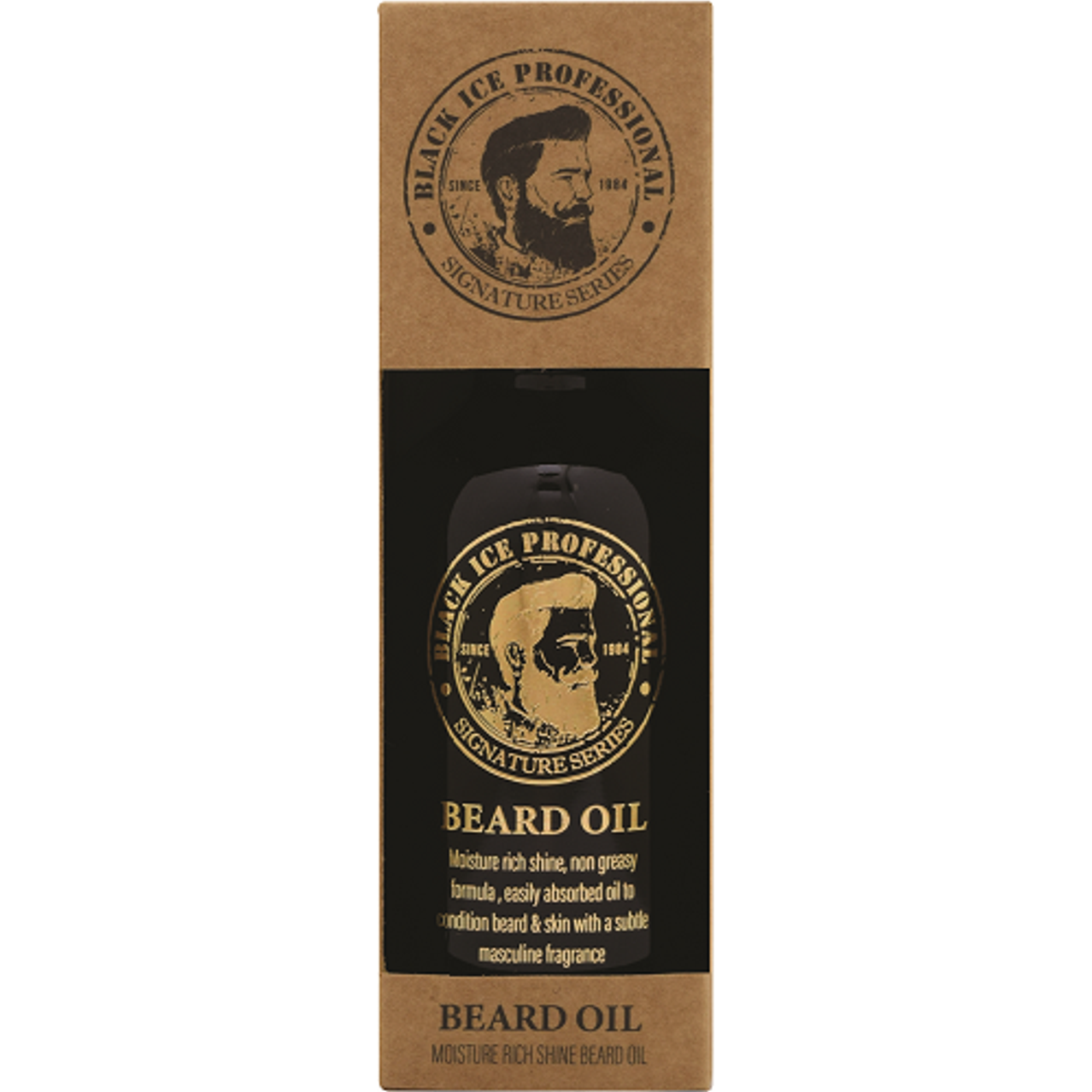 BlackIce Beard Oil by Pasteur Pharmacy in a 2 fl oz bottle, designed to condition and soften facial hair.