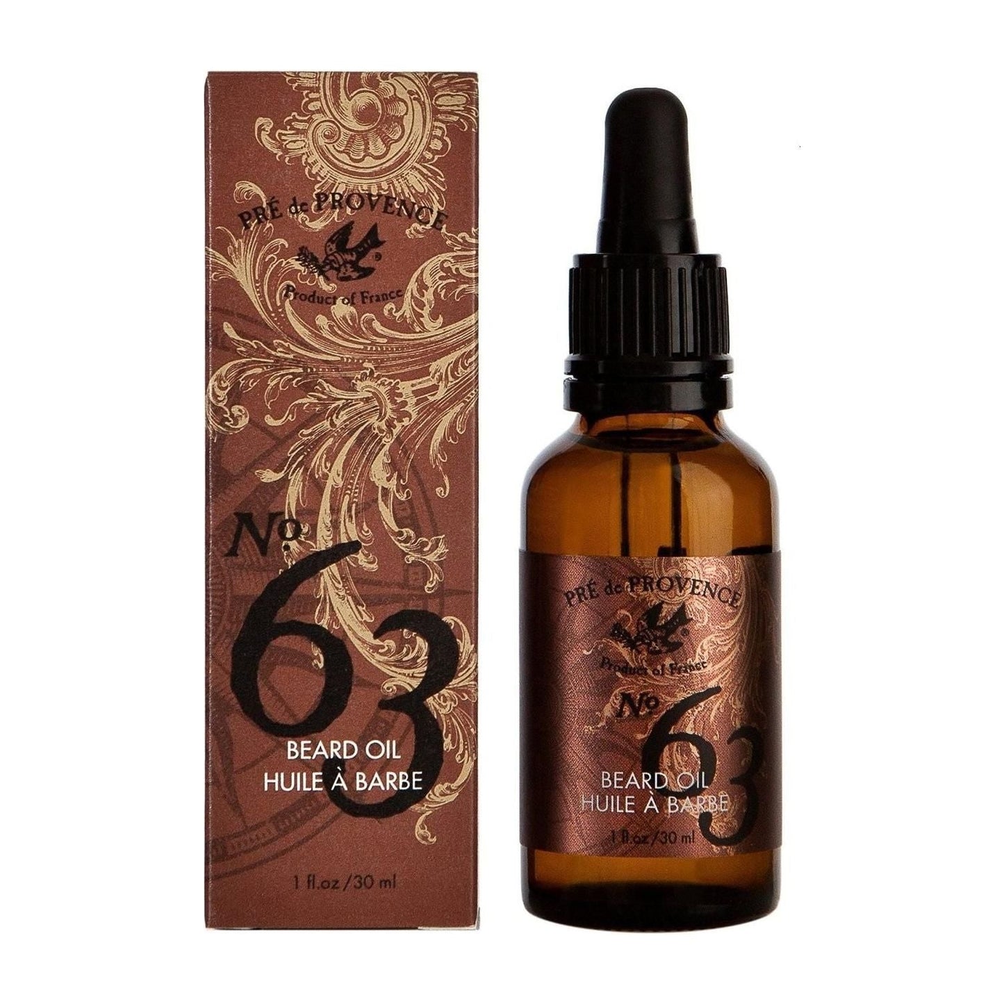 Pre De Provence No. 63 men's beard oil in a 30ml bottle with dropper, featuring natural ingredients for grooming and beard care.