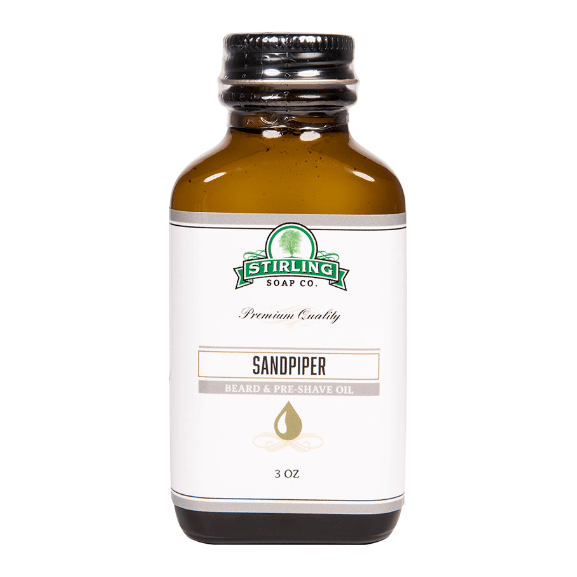 Stirling Soap Co. Sandpiper Beard & Preshave Oil in 3 oz bottle, natural grooming product for beards and pre-shaving care.