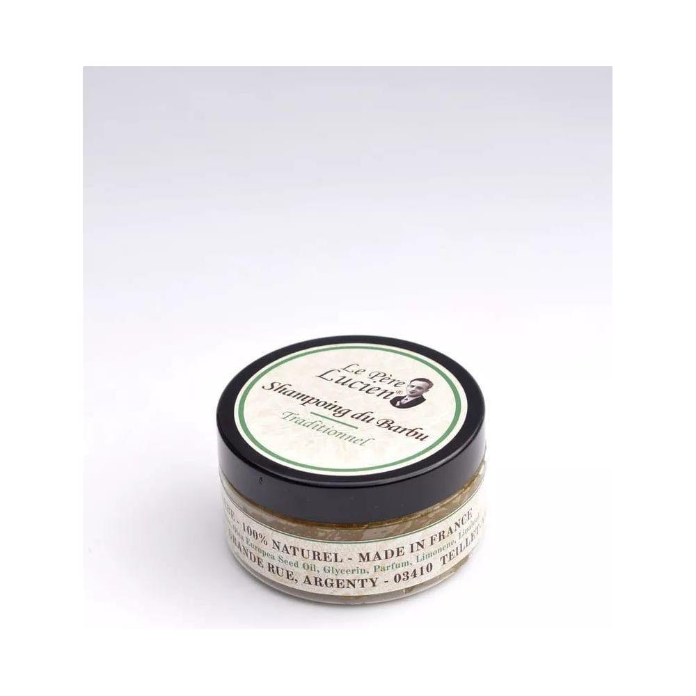 Pasteur Pharmacy Le Pere Lucien Traditional Natural Beard Shampoo 100g, in a clear bottle with a label and cap, ready for use.