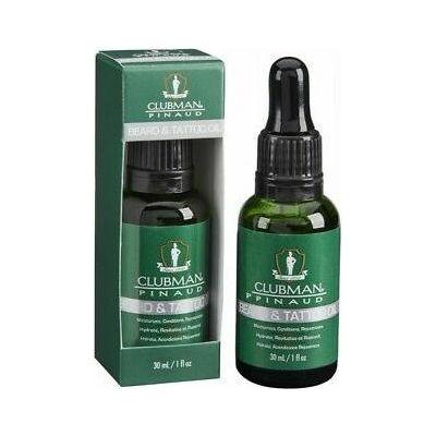 Clubman Pinaud Beard and Tattoo Oil in 1 oz bottle, showcasing a clear glass dropper and dark liquid inside.