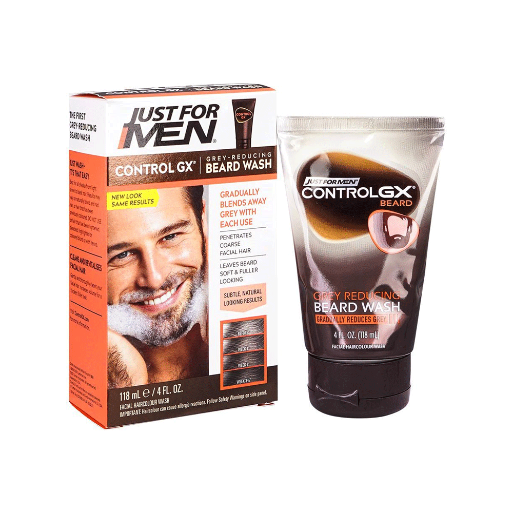 Just For Men Control GX Grey Reducing Beard Wash in a 4 fl oz bottle, designed to cleanse and reduce gray in men's beards.