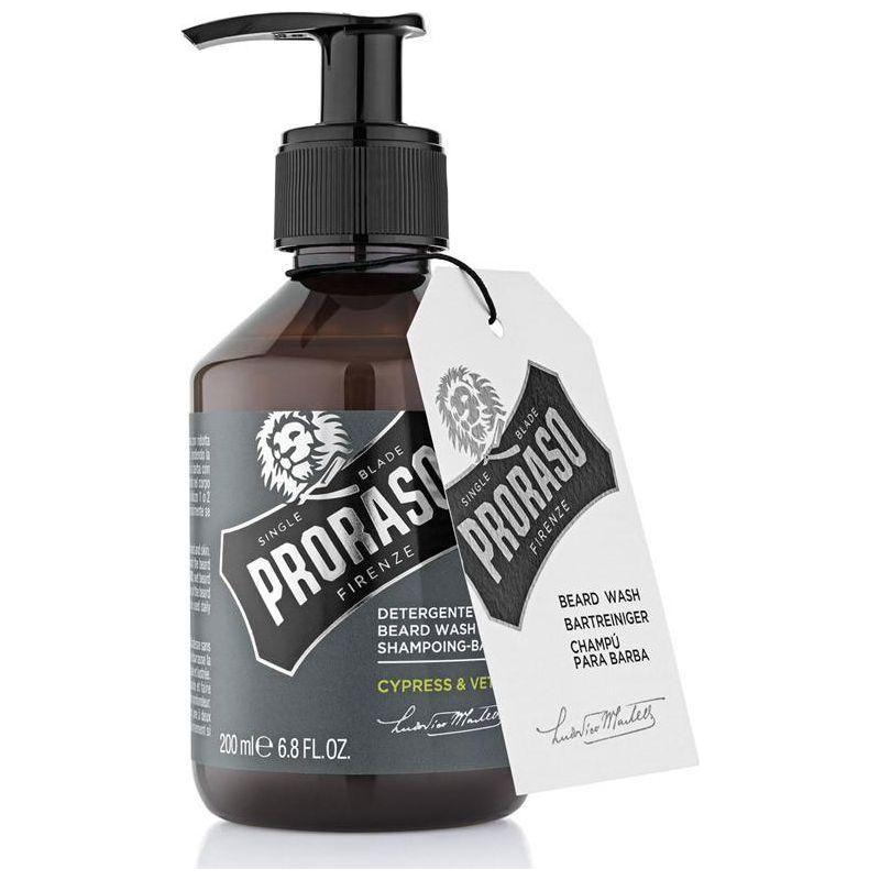 Proraso Cypress & Vetyver Beard Wash in 200ml bottle, natural formula for cleansing and conditioning beard and facial hair.