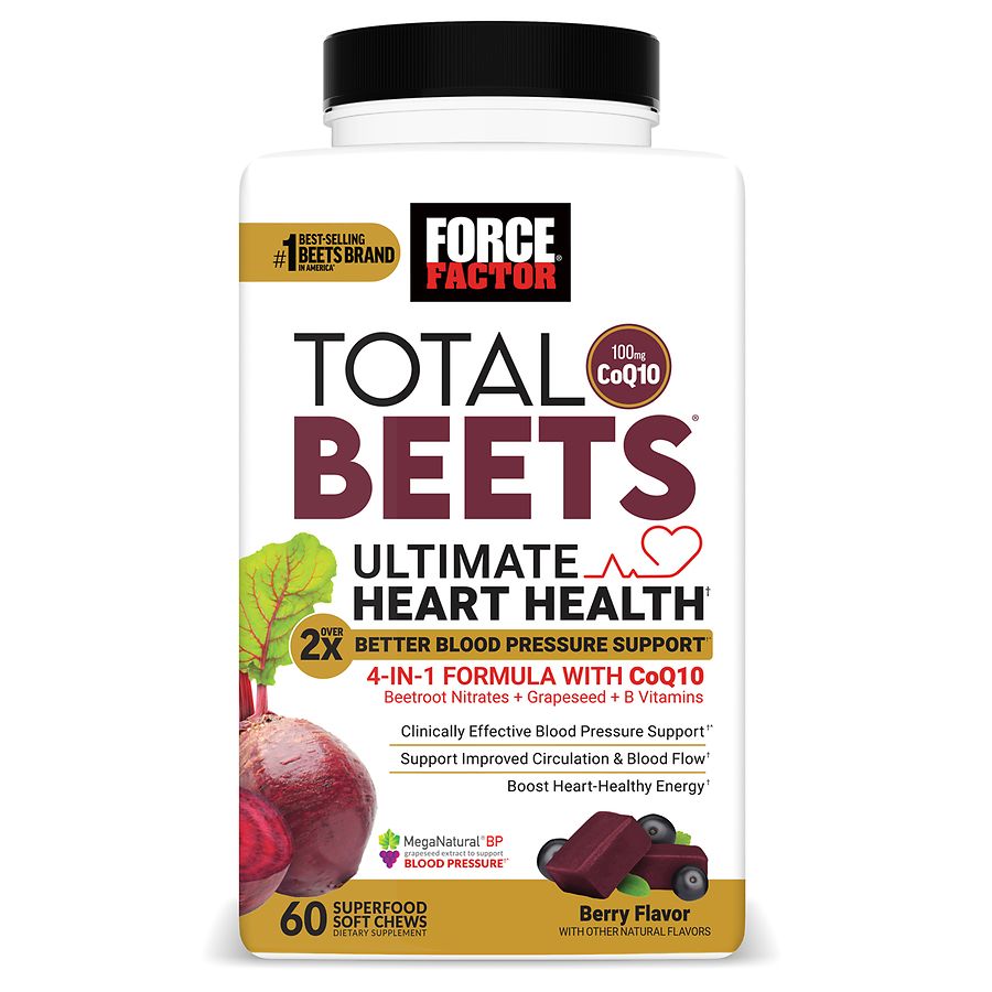 Berry-flavored Force Factor Total Beets soft chews for heart health, featuring fresh beets in a natural supplement form.