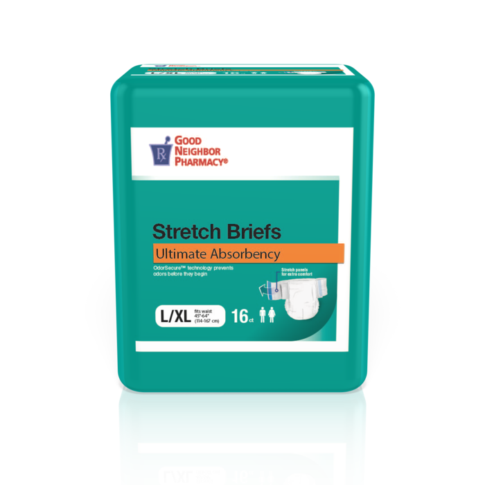 Good Neighbor Pharmacy Stretch Briefs in Large/XL, 16-count, comfortable bicycle-style briefs by Pasteur Pharmacy, visible in the image.