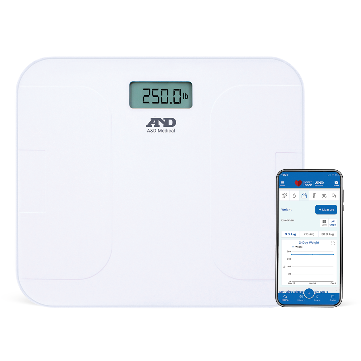 A&D Premium Wireless Weight Scale with Bluetooth connectivity, biometric monitor showing weight measurement in a modern bathroom setting.