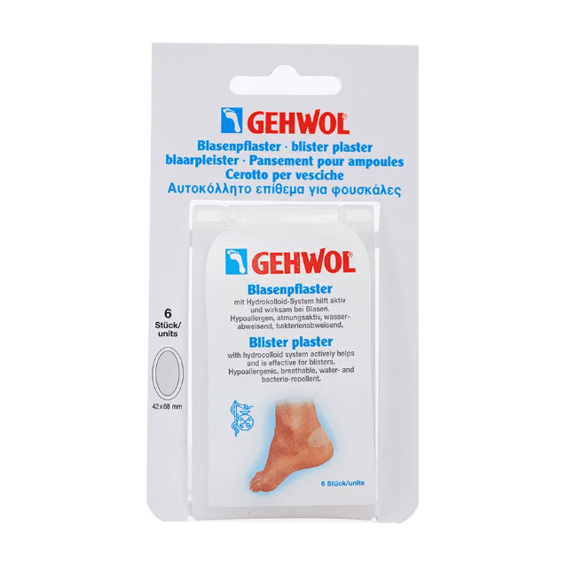 Gehwol Blister Plaster pack with 6 adhesive blister bandages from Pasteur Pharmacy, designed to protect and cushion blisters.