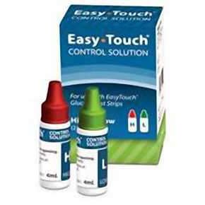 Two bottles of Pasteur Pharmacy Easy Touch Blood Glucose Control Solution for high and low glucose level testing.