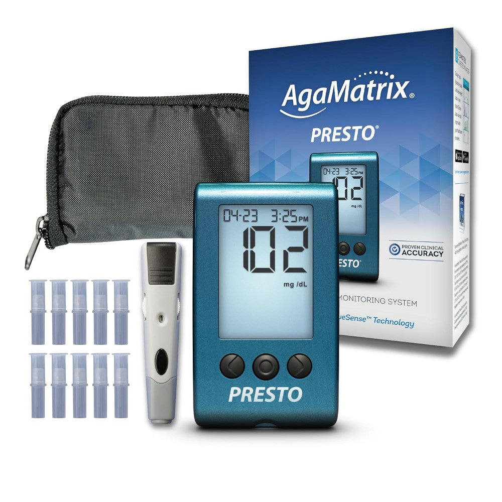 AgaMatrix Presto blood glucose monitoring system with display screen and testing strips for accurate blood sugar measurement.