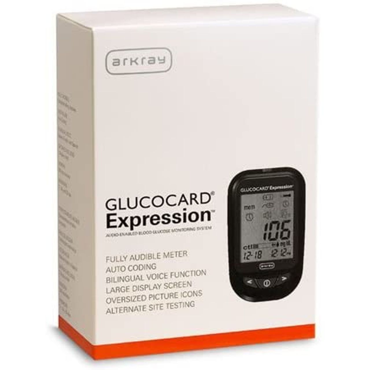 ArkRay Glucocard Expression blood glucose meter kit from Pasteur Pharmacy, including meter, test strips, and lancet device.