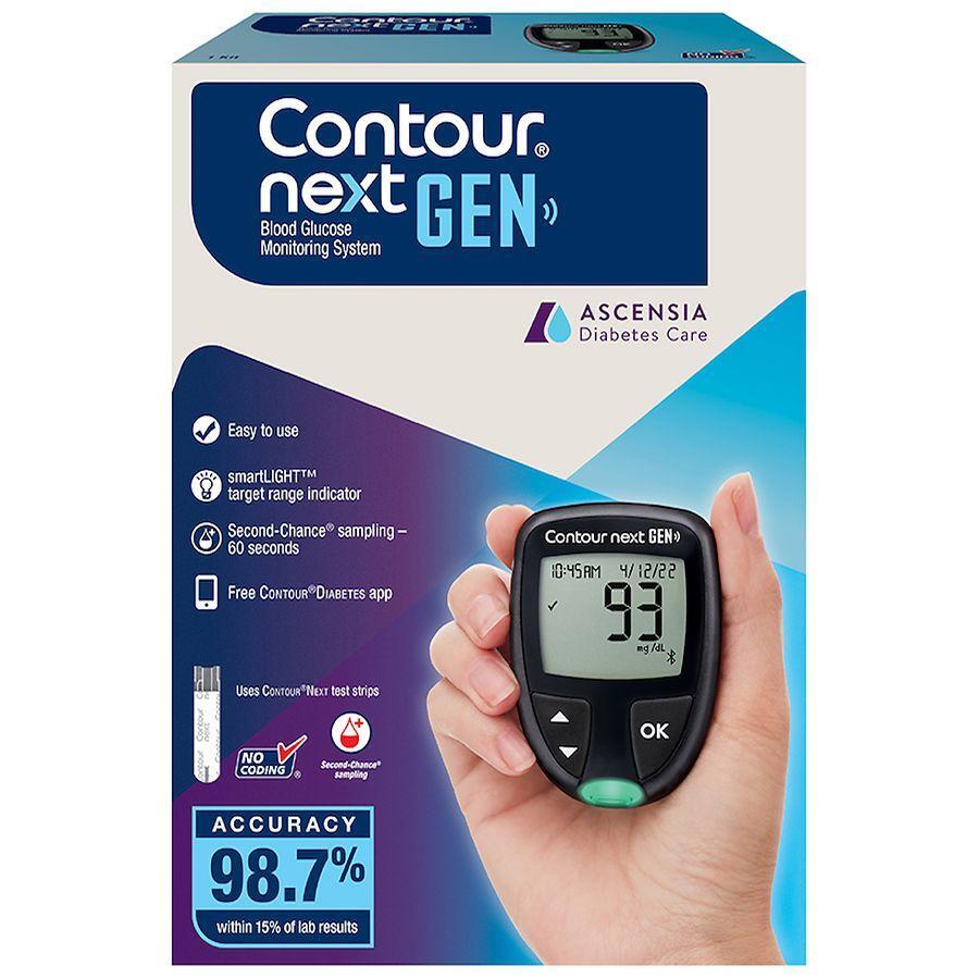 Contour Next Gen blood glucose meter by Pasteur Pharmacy with digital display and test strip port for blood sugar monitoring.