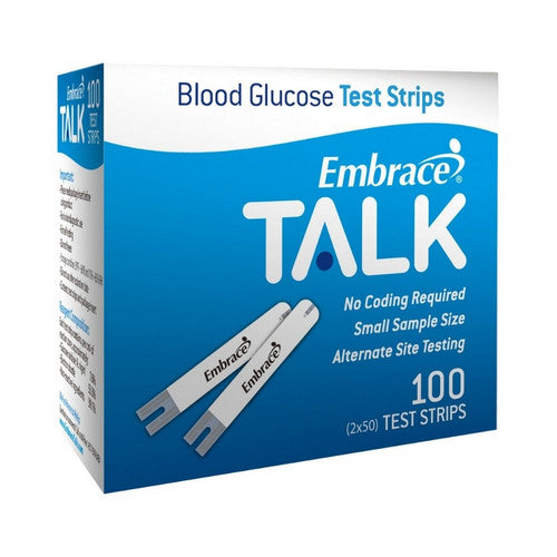 Box of 1 Embrace Talk Meter blood glucose test strips by Pasteur Pharmacy, showing the packaging for diabetes monitoring.