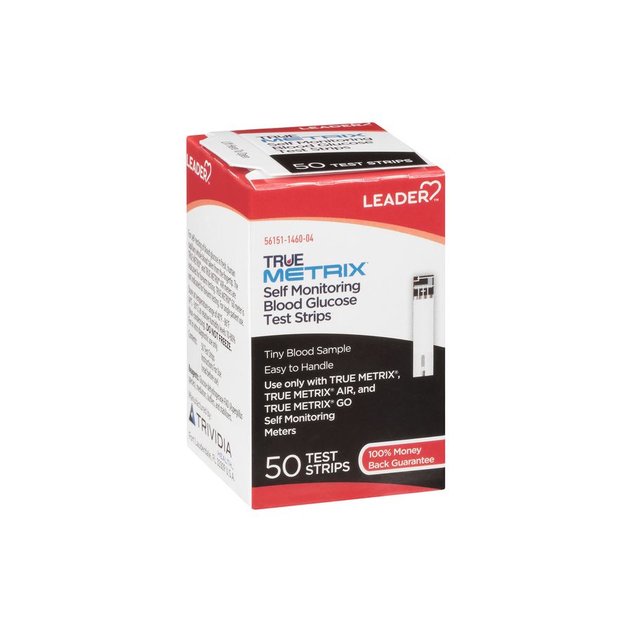 Leader TRUE METRIX blood glucose test strips for self-monitoring, shown in packaging with test strip container.