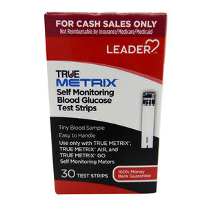 Leader True Metrix blood glucose test strips for self-monitoring, shown in packaging with test strips and label.