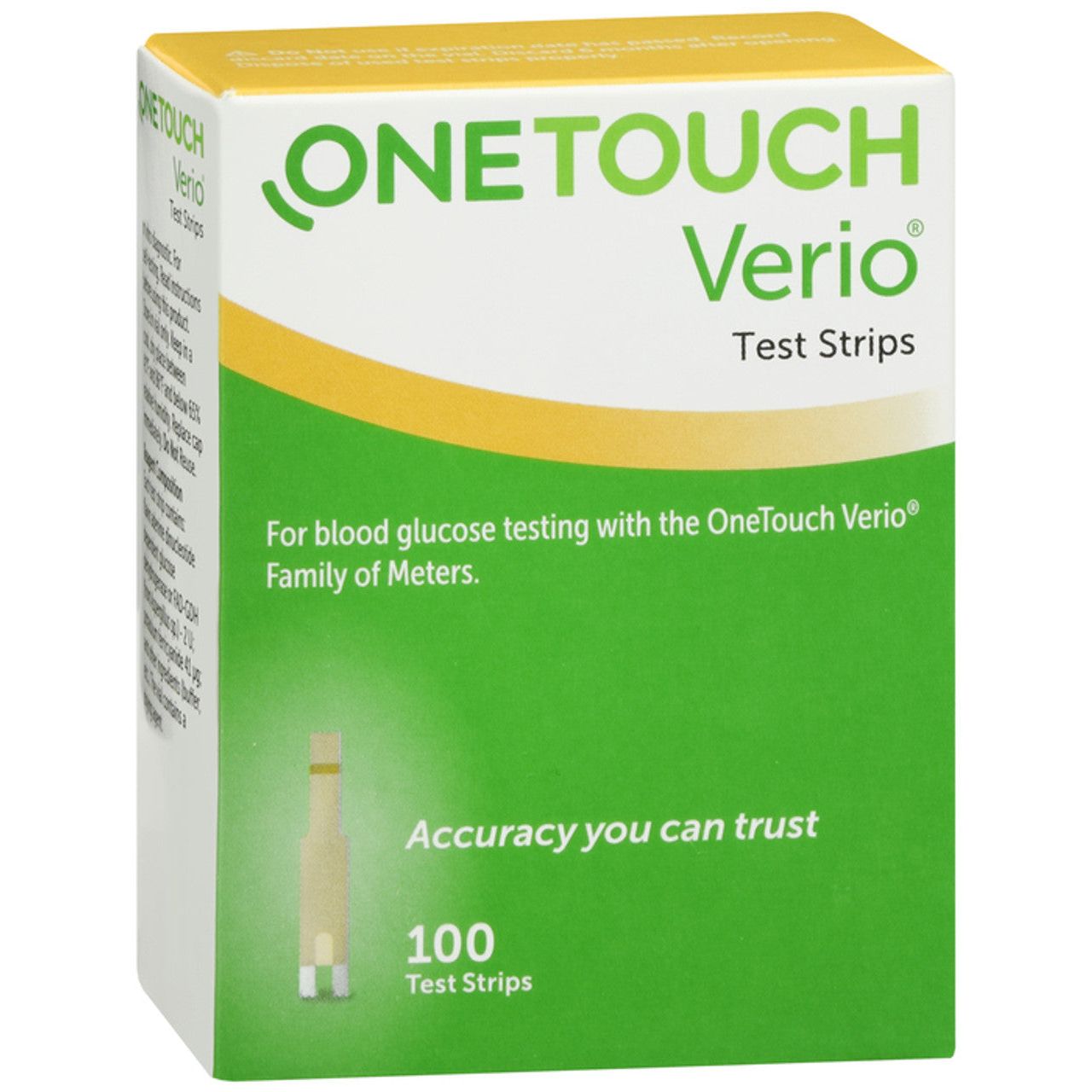 OneTouch Verio blood glucose test strips in a box, designed for accurate diabetes blood sugar monitoring, by Pasteur Pharmacy.