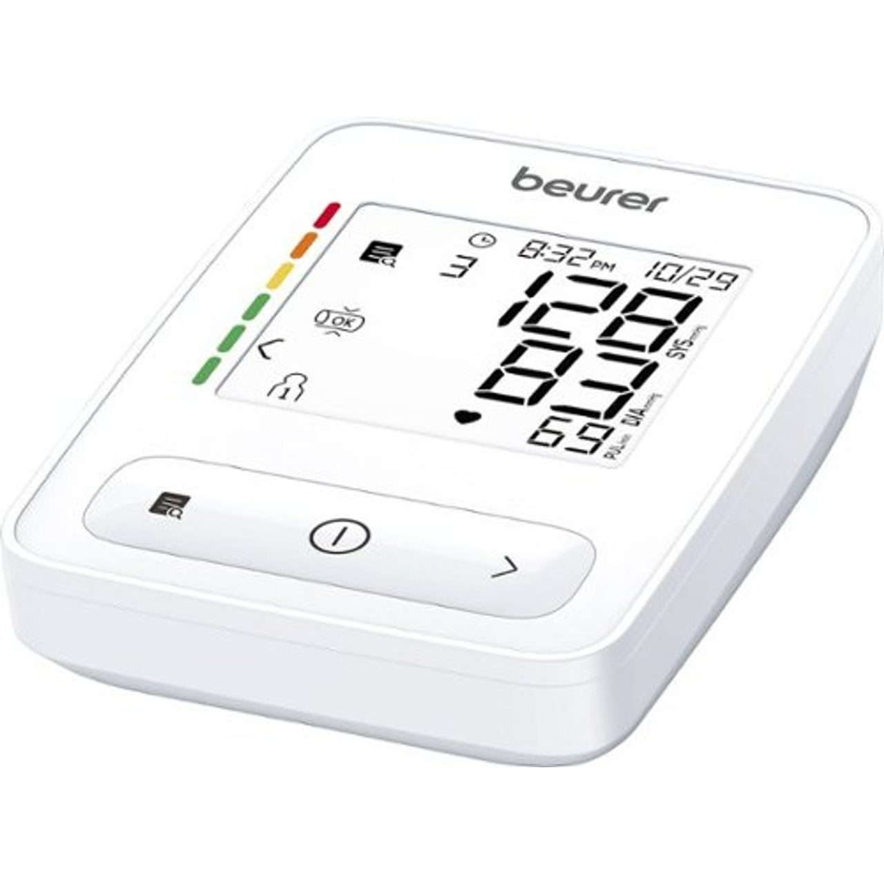 Beurer BM72 upper arm blood pressure monitor with cuff and digital display for accurate blood pressure readings.