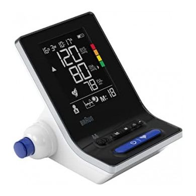 Braun ExactFit 3 blood pressure monitor with two adjustable upper arm cuffs for accurate readings.