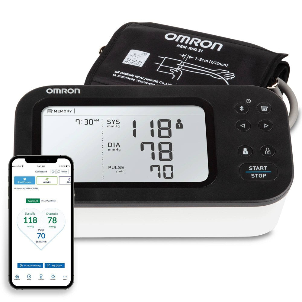 Omron Series 7 upper arm blood pressure monitor with digital display and cuff for accurate blood pressure readings.