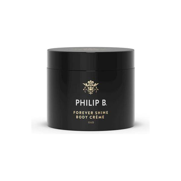 Philip B. Forever Shine Body Cream in 8 oz jar showing smooth, creamy texture and elegant packaging.