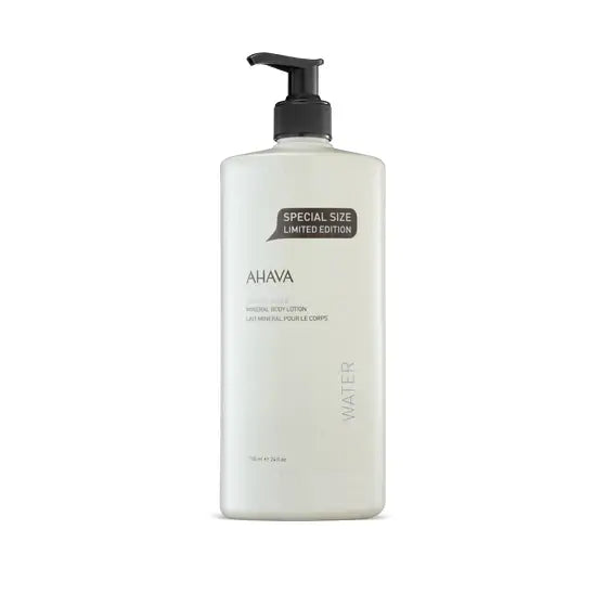 Ahava Mineral Body Lotion in a large 24 oz bottle, featuring a sleek design for nourishing skin, from Pasteur Pharmacy.