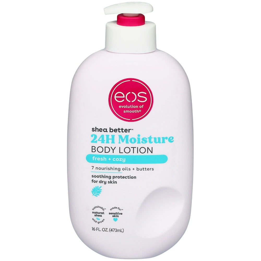 EOS Shea Better Body Lotion from Pasteur Pharmacy, fresh and cozy scent, providing 24-hour moisture for smooth skin
