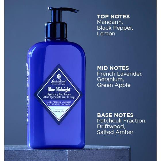 Jack Black Blue Midnight Hydrating Body Lotion in a 16 oz bottle, featuring sleek packaging and blue accents.