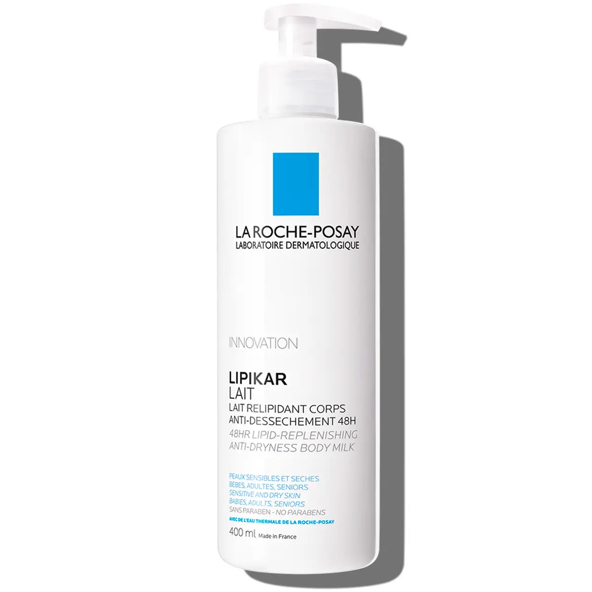 La Roche-Posay Lipikar Body Lotion 400ml bottle, anti-dry skin replenishing moisturizer for sensitive skin.