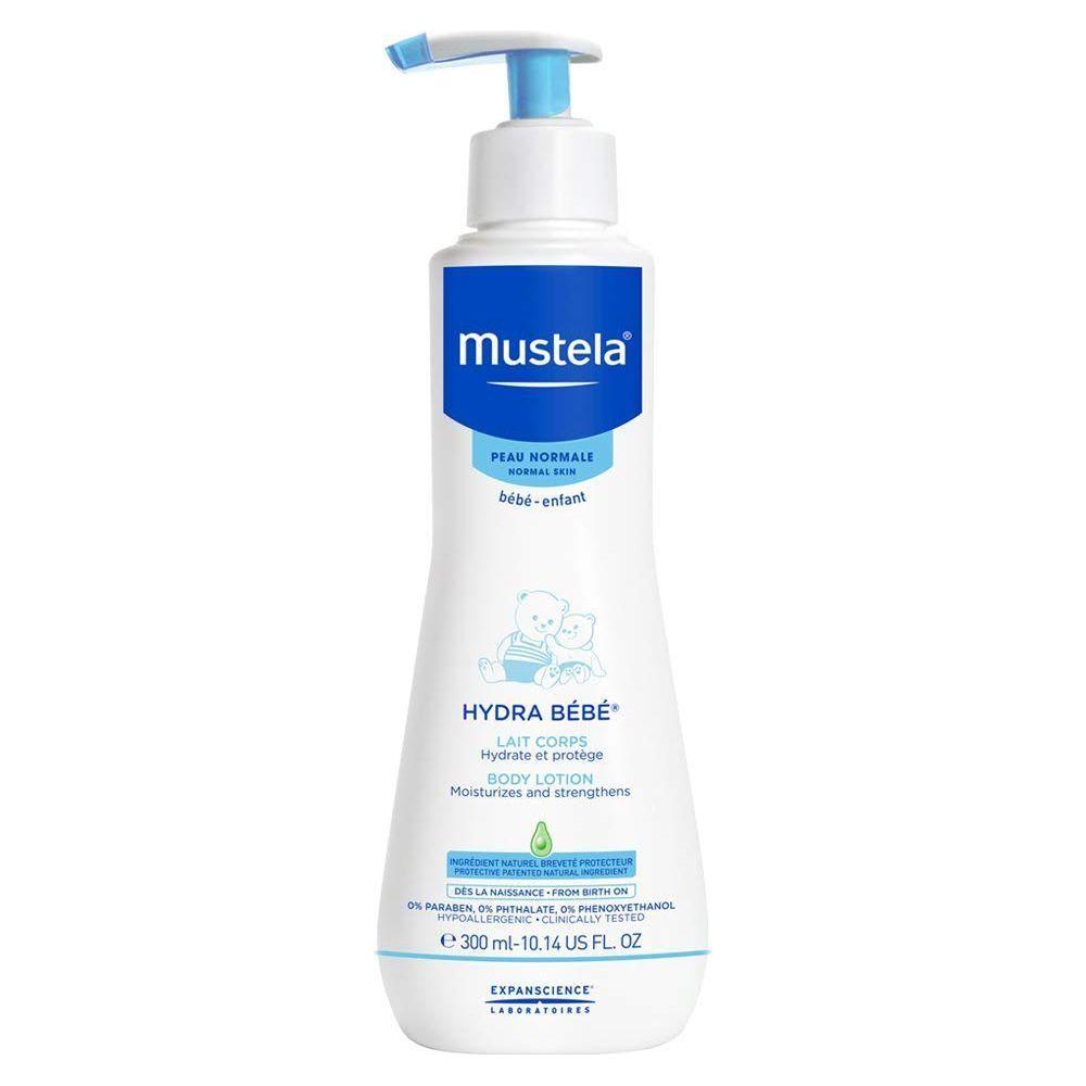 Mustela Hydra Bebe Body Lotion in 10.14 oz bottle, moisturizing baby lotion with gentle formula for sensitive skin