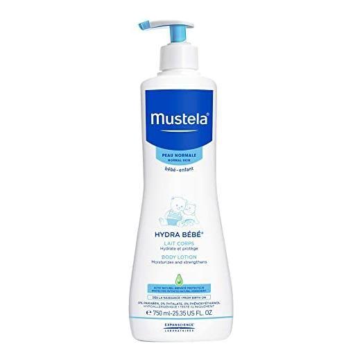 Mustela Hydra Bebe Body Lotion in a 25.36 oz bottle, moisturizing and gentle for baby skin, displayed with the product label.