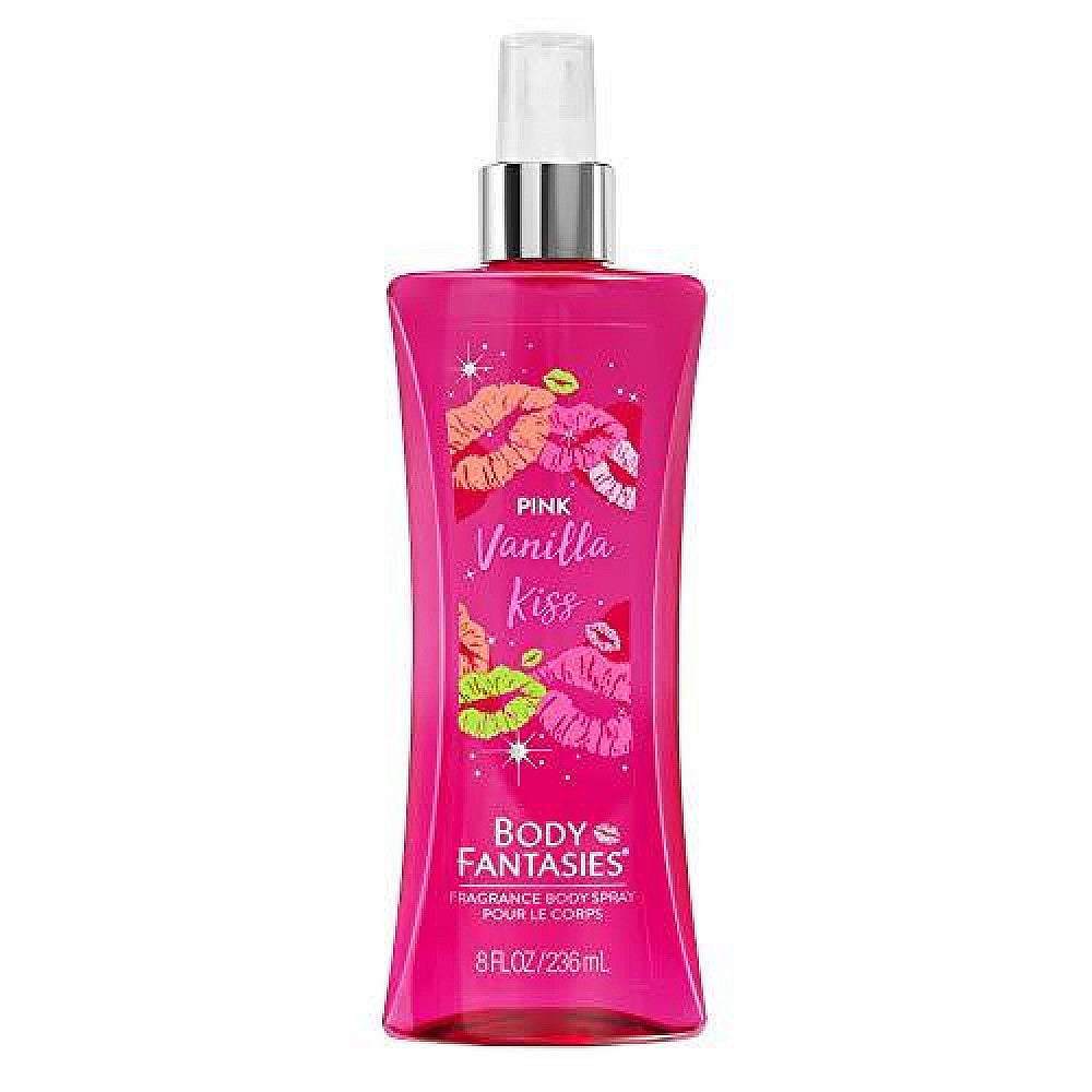 Body Fantasies Pink Vanilla Kiss Body Mist by Pasteur Pharmacy in 8 oz spray bottle with pink floral design.