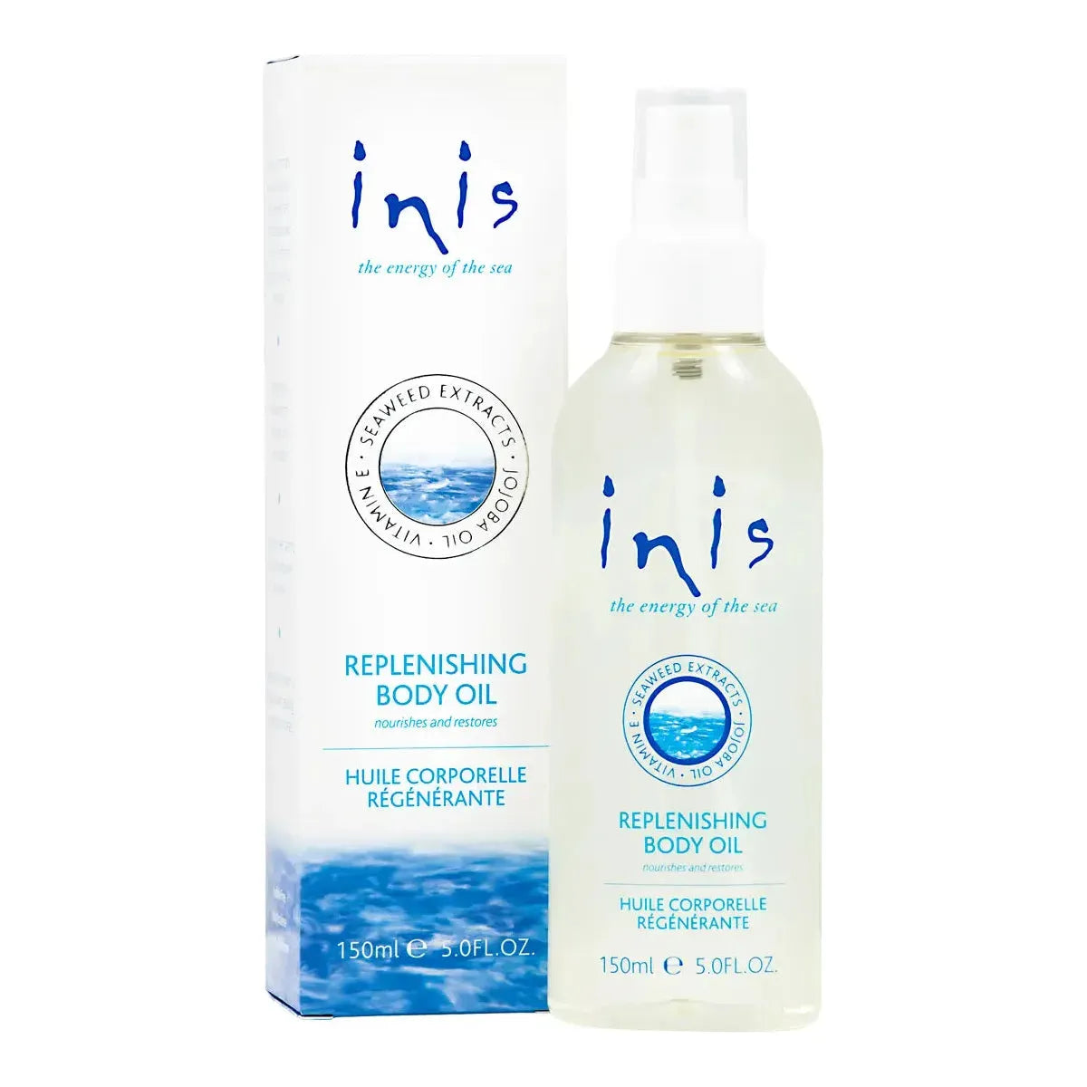 Inis Replenishing Body Oil by Pasteur Pharmacy, 150ml bottle with a sleek design and natural ingredients visible.