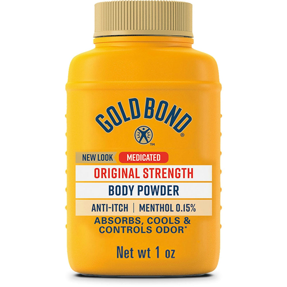 Gold Bond Original Strength medicated body powder in a 1-ounce container, with a smooth, white powder visible in the image.