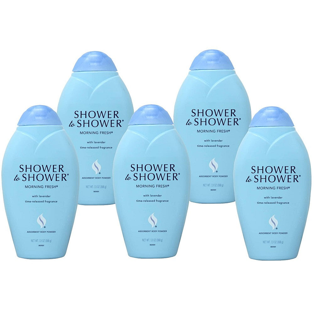 Pasteur Pharmacy Shower To Shower Body Powder in 13 oz container, absorbent and Morning Fresh scent, with a white powder package.