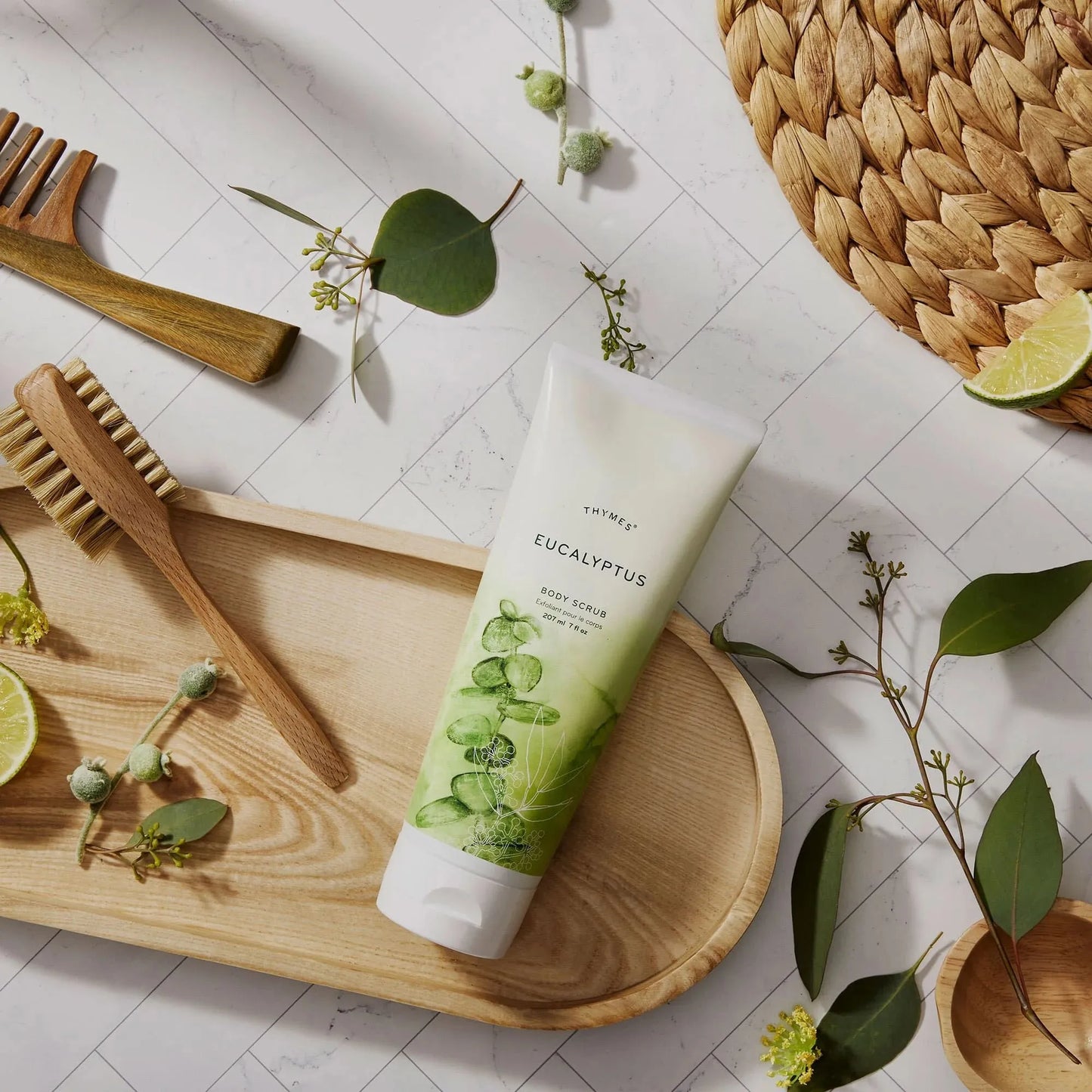 Thymes Eucalyptus Body Scrub in 7 oz jar, featuring a natural exfoliating scrub with eucalyptus scent, displayed on a neutral background.